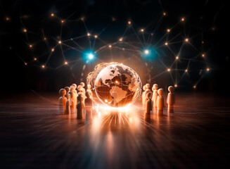 Fototapete - Illuminated globe in the center surrounded by people figures, creating a global community concept with a bright spotlight effect in a dark background.