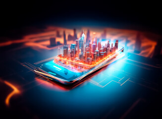 Poster - Futuristic city skyline illuminated with neon lights, rising from a sleek smartphone screen against a dark background. Technology and urban innovation merge.