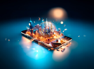 Poster - A miniature glowing city skyline is displayed on a smartphone screen against a dark blue background. Warm city lights contrast with the cool backdrop, showcasing urban technology.