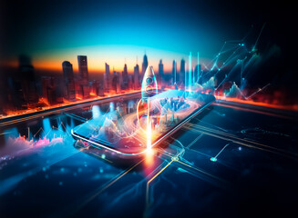 Aufkleber - A futuristic smartphone reflects a vibrant cityscape with glowing lines. Blurred city skyline in background, vibrant lines suggest modern urban technology.