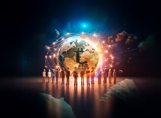 Poster - A group of people stands encircling a glowing globe, interconnected with bright nodes in dark space. Represents global network and unity.