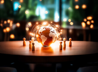 Poster - A glowing globe sits on a table, encircled by small wooden figures. Light trails emanate from the globe in a blurred, warm-toned background.
