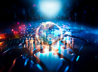 Fototapete - Illuminated globe with network lines surrounded by figures in a dark space. Represents global connection and unity.