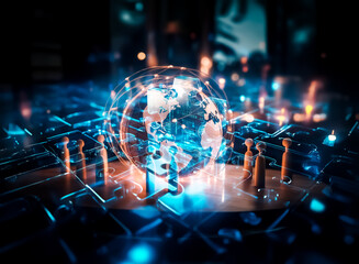 Poster - A glowing globe encircled by light strands sits on a table, surrounded by wooden figures, symbolizing global connection and collaborative teamwork.