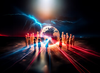 Fototapete - A group of people figures stand in a circle around a glowing globe.  A bright light illuminates from above, creating a dramatic and symbolic scene in a dark environment.