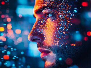 young man with digital pattern overlay reflecting technology and innovation in a futuristic environm