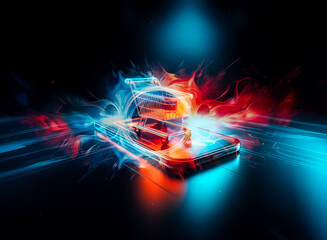 Poster - Neon shopping cart on mobile phone in a dark, futuristic digital space. Online shopping and e-commerce with vibrant colors and illumination.