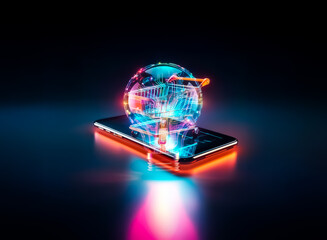 Poster - Miniature shopping cart on a glowing smartphone, representing digital commerce. Neon lights emphasize the modern online shopping experience.