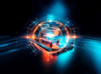 Poster - Neon shopping cart on mobile phone in a dark, futuristic digital space. Online shopping and e-commerce with vibrant colors and illumination.
