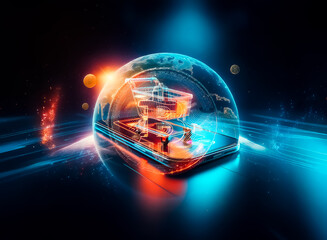 Poster - Neon shopping cart on mobile phone in a dark, futuristic digital space. Online shopping and e-commerce with vibrant colors and illumination.