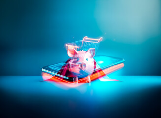 Poster - A vibrant neon shopping cart rests on a glowing smartphone screen, symbolizing digital retail and online purchasing in a futuristic and modern style setting.