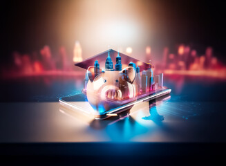 Fototapete - Futuristic city skyline, illuminated with neon lights, is displayed on a glowing smartphone screen.  The digital cityscape represents modern technology and urban innovation.