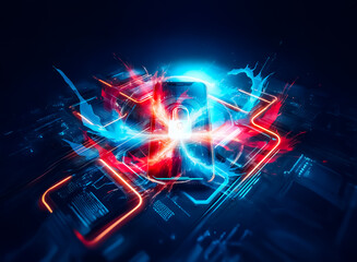 Poster - A smartphone displays a glowing padlock icon on its screen, symbolizing digital security. Neon blue and orange lights illuminate circuit patterns around the device in a futuristic style.