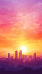 Poster - Urban Sunset Skyline, Colorful Cityscape Silhouette with Orange, Pink, Purple Hues, and Bokeh