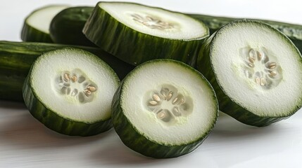 Wall Mural - Close Up Of Fresh Cucumber Slices On White Surface