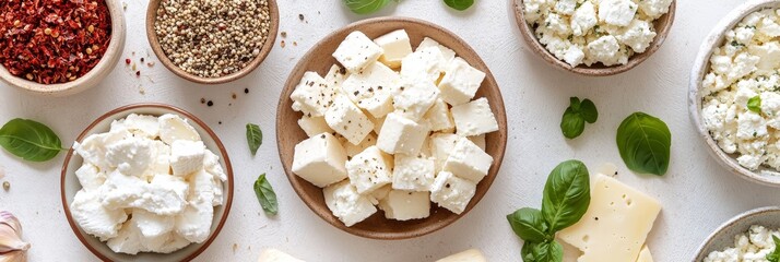 Wall Mural - Variety of white cheese. Soft cheese, feta, cottage cheese on white background, top view.