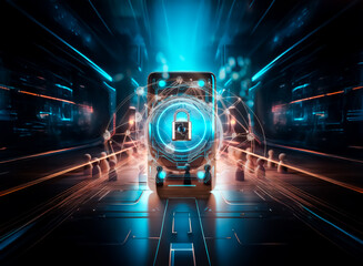 Leinwandbilder - A glowing lock icon is displayed on a device screen, set against a futuristic tunnel with vibrant blue and orange neon lights, suggesting digital security in a cyber environment.