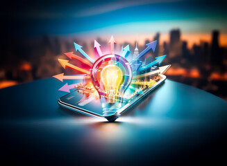 Aufkleber - A vibrant lightbulb emits colorful arrows, symbolizing ideas and creativity.  Bright illumination radiates against a dark background, representing innovation and inspiration.