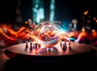 Aufkleber - Abstract glowing waves of orange and blue light ripple across a dark background. Dynamic and vibrant, soft bokeh effect creates a mesmerizing and elegant visual.