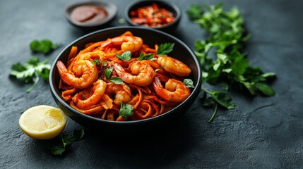 Wall Mural - Spicy Shrimp Pasta Dish with Herbs and Lemon, Italian Cuisine, Seafood Dinner, Gourmet Meal