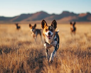 African wild dogs playing in a dry savanna landscape