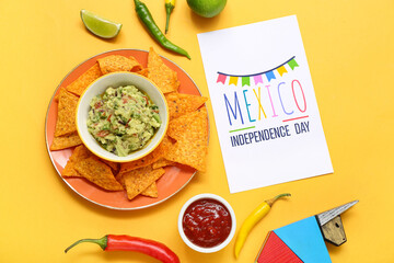 Wall Mural - Greeting card with text MEXICO INDEPENDENCE DAY, Mexican food and sombrero on orange background