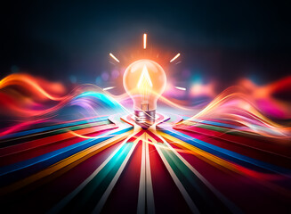 Aufkleber - A bright light bulb shines at the center, radiating light. Colorful arrows diverge outward from below the bulb, suggesting multiple directions and pathways.