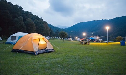 tents camping on grassy meadow in mountains at dusk, camping travel adventure