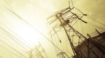 Silhouetted power lines against a bright sunset with clouds, showcasing urban energy infrastructure