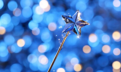 Poster - Shining star wand against blue light bokeh background for Christmas or fairy tale