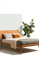 Wall Mural - Stylish Minimalistic Wood Bed with Cozy Bedding and Green Plant in Modern Interior Design Setup