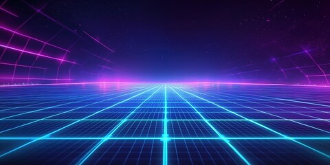 Wall Mural - Retro 80s Inspired Grid Background with Glowing Blue and Purple Neon Lights for Futuristic Design and Visual Effects