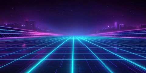 Wall Mural - Glowing Blue and Purple 80s Style Grid Background with Neon Lights and Stars for Retro Futuristic Themes and Designs