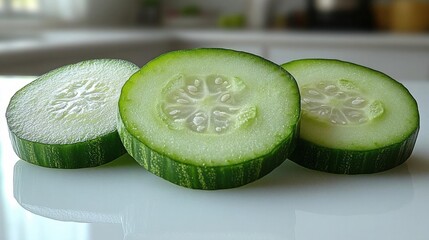 Wall Mural - Fresh Cucumber Slices On White Surface