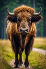 Wall Mural - there is a brown cow with horns standing on a dirt road