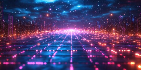 Wall Mural - Neon Glowing Grid Background with 80s Style in Blue and Purple Hues Featuring Sparkling Lights and a Starry Sky