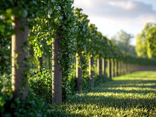Wall Mural - sunlit rows of trees with lush greenery in a serene outdoor landscape