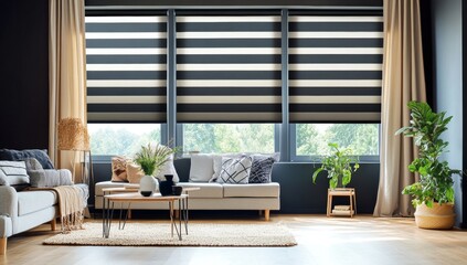 Wall Mural - Modern striped blinds in living room, sunlight, view