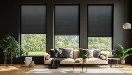 Wall Mural - Modern living room, blackout blinds, large windows, garden view, home decor