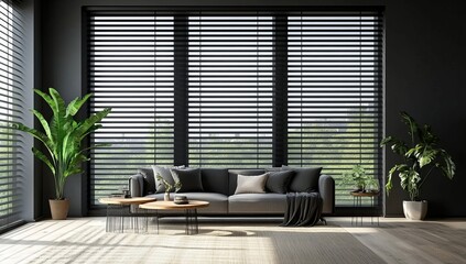 Wall Mural - Modern apartment living room, sofa, blinds, sunlight, plants, interior design