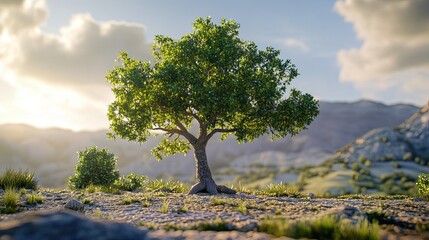 Wall Mural - a solitary tree stands majestically against a stunning mountain backdrop bathed in golden hour light