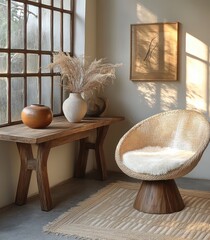 Scandinavian Living Room Interior with Wooden Console Table and Rattan Chair