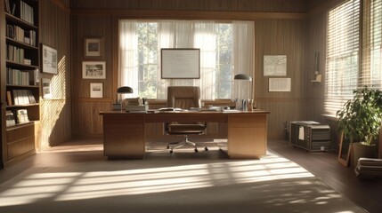 Wall Mural - Sunny study office, wooden walls, desk, bookshelves, morning light