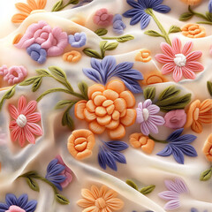 Wall Mural - Sheer fabric embroidered with intricate floral patterns.