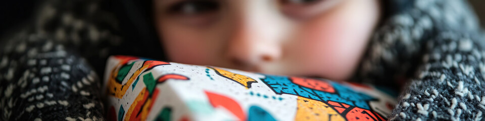 Child Holding a Gift Wrapped in Abstract Patterned Paper