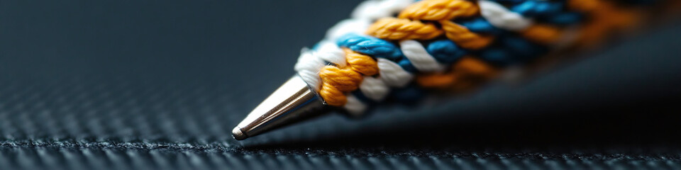 Wall Mural - Close-up of Multicolored String-Wrapped Pen Tip on Dark Surface