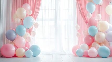 Beautiful birthday backdrop with numerous pastel balloons in soft pink and blue shades creating a festive atmosphere for celebrations and special occasions.