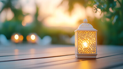 White decorative lantern with intricate patterns glowing at sunset on a wooden surface for a serene and warm atmosphere. Ideal for Ramadan, Eid, and home decor themes. Selective focus