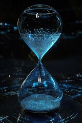 AI for time efficiency concept futuristic hourglass with binary code on black background with copy space. Time management solution