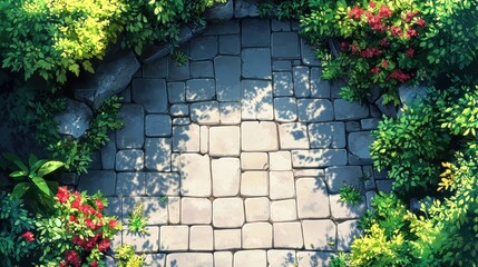 Wall Mural - Top-Down View of a Sunlit Stone Pathway Surrounded by Lush Greenery and Vibrant Flowers in a Tranquil Garden Setting